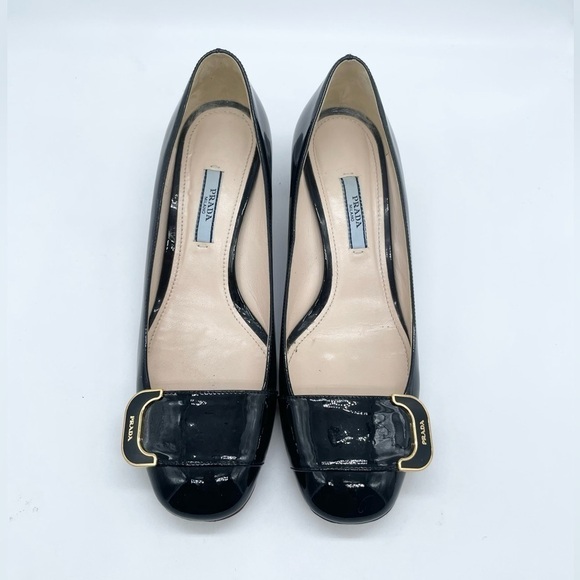 Prada Black Patent leather logo embellished block heel pumps EU37 - Picture 1 of 9